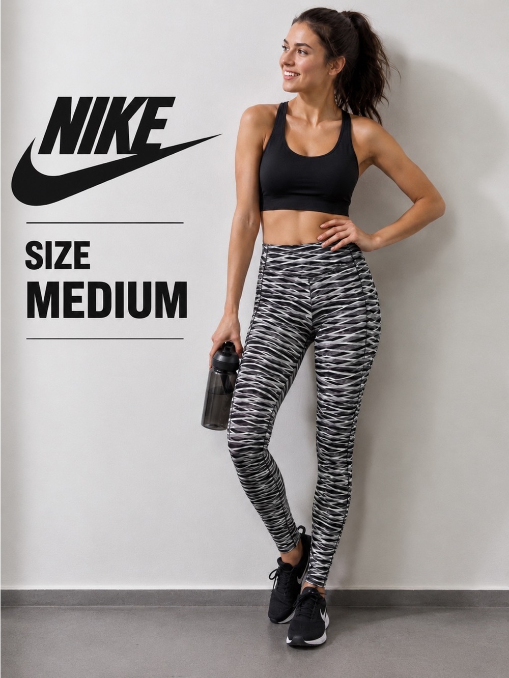 Nike Dri-FIT Printed Athletic Leggings Size Medium Black Gray White Activewear